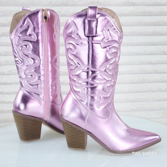 Electric Mid Calf Cowboy Baby Pink Brush Metallic Matte Western Cowgirl Boots - Picture 6 of 13